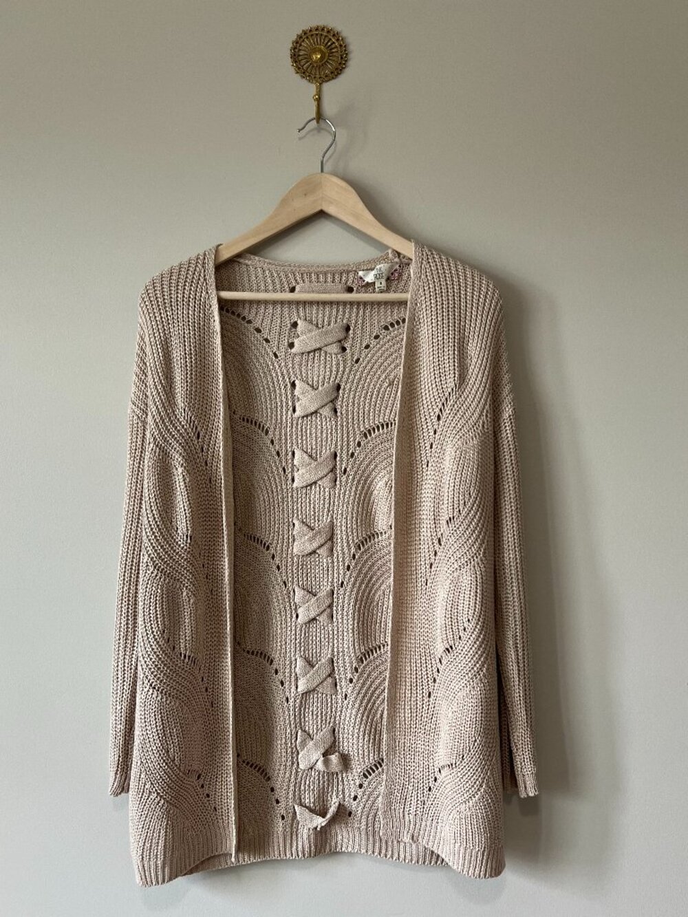 Pink Rose Lace Up Knit Sweater Small Beige Boho Chunky Cottagecore Pullover